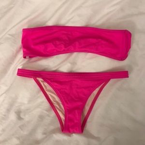 Solid and striped hot pink bandeau bikini